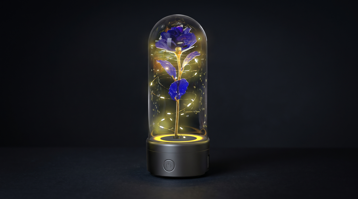 A glass dome rose lamp glowing warm gold on a dresser in a dark room