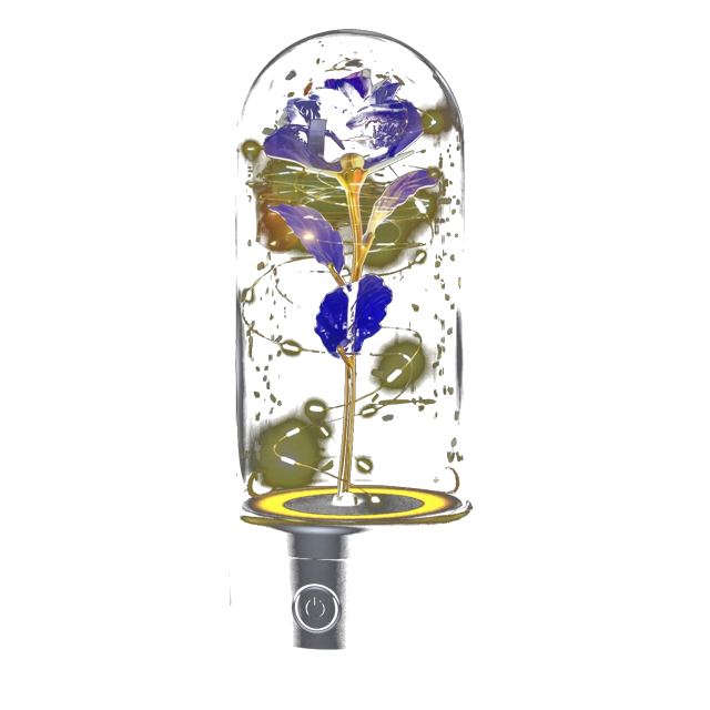 Bloom lamp, a blue and gold rose under a glass dome on a black speaker base, lit warm gold