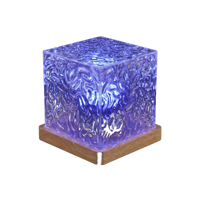 Ripple water ripple projector lamp, a clear rippled acrylic cube on a wooden base, glowing blue